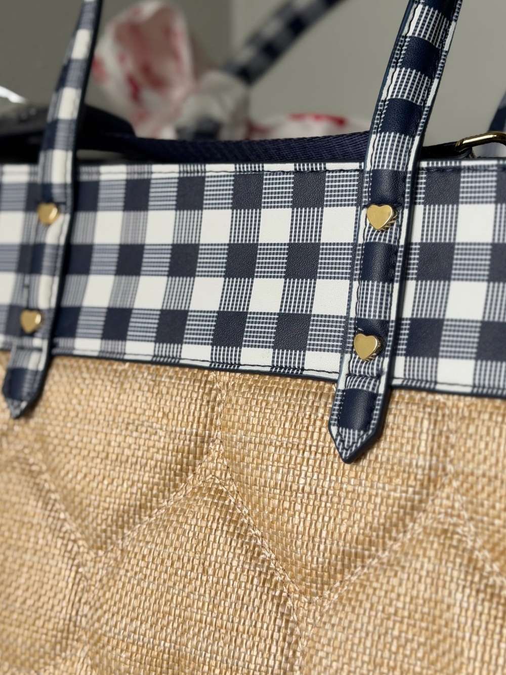 Betsey Johnson Navy blue Gingham quilted heart Straw Tote lobster scarf - Picture 4 of 11